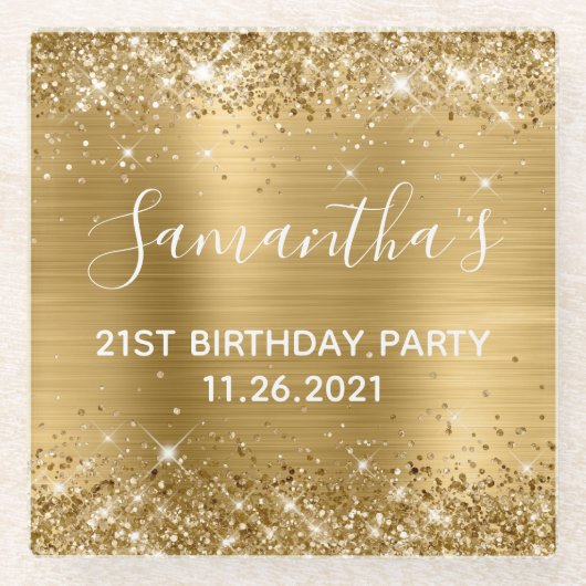 21e verjaardag van Glittery Gold Foil Glazen Onderzetter (Voorkant)