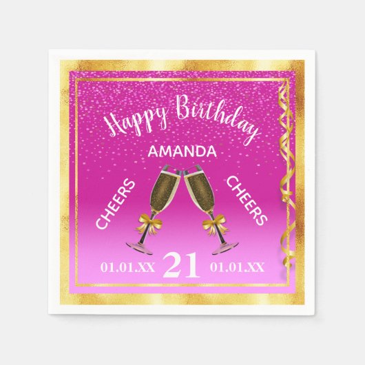 21e verjaardag van het hete roze goudfeest servet (Voorkant)