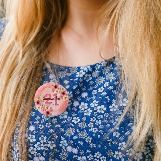 21e verjaardag van het koraal goudbloemen ronde button 3,2 cm