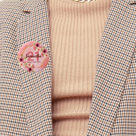 21e verjaardag van het koraal goudbloemen ronde button 3,2 cm