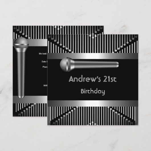 21e verjaardag van man Black Metal Microphone Kaart (Voorkant / Achterkant)