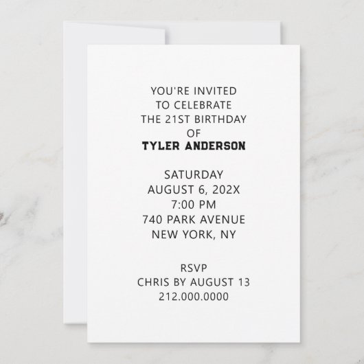 21e verjaardag van uitnodigingen (Achterkant)