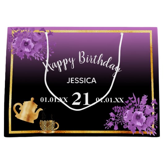 21e verjaardag vioolse paarse roze theepartij groot cadeauzakje (Voorkant)