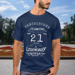 21e verjaardag Voeg de naam Legendary Blue Legend  T-shirt<br><div class="desc">Maak je klaar om je 21ste verjaardag legendarisch te maken! Dit aangepaste 21ste verjaardag T-shirt zal zeker een verklaring afleggen. Het heeft een -stijl grafisch van aantal 21 en jouw naam in vette, blauwe letters. Of je nu gaat vieren met vrienden of een luie avond in de nacht, dit shirt...</div>