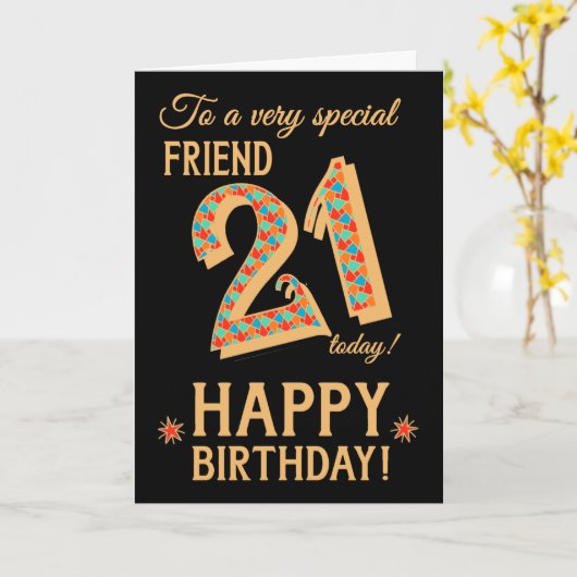 21e verjaardag, voor vriend, Gold Effect op zwart Kaart (Gele Bloem)