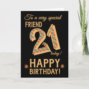 21e verjaardag, voor vriend, Gold Effect op zwart Kaart