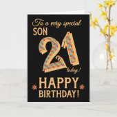 21e verjaardag, voor zoon, gouden effect op zwart kaart (Gele Bloem)