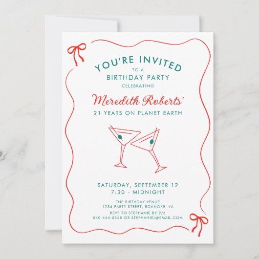 21e verjaardag Wavy Border met Bows Party Kaart (Voorkant)