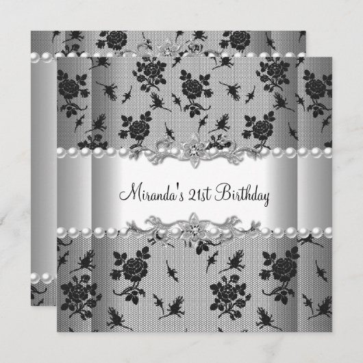 21e verjaardag White Pearl Black Lace Kaart (Voorkant / Achterkant)