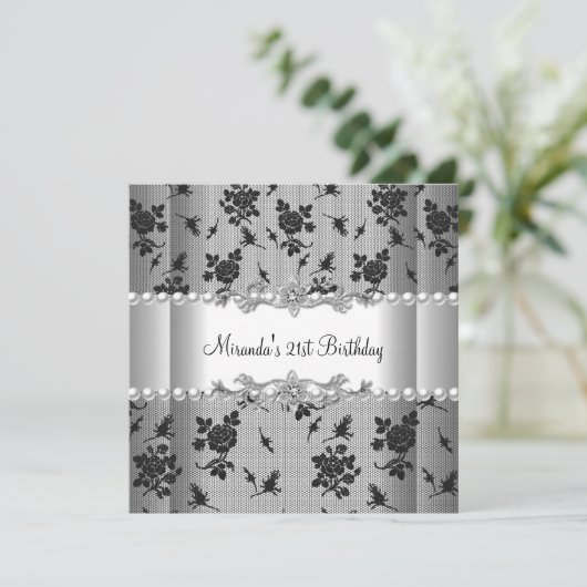 21e verjaardag White Pearl Black Lace Kaart (Staand voorkant)