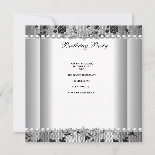 21e verjaardag White Pearl Black Lace Kaart (Achterkant)