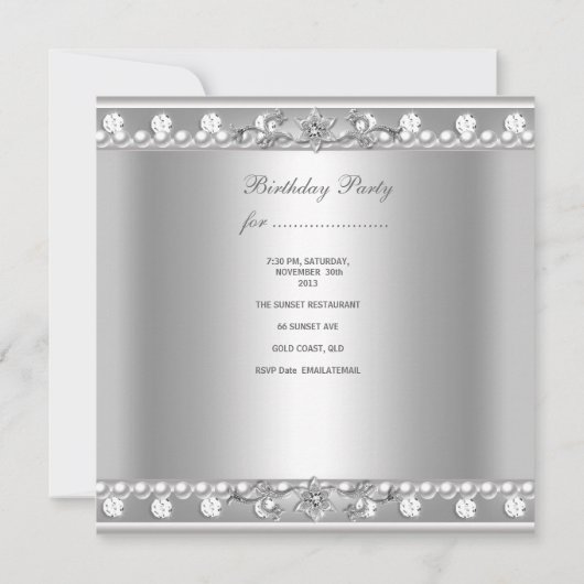 21e verjaardag White Pearl Diamond Silver Kaart (Achterkant)