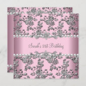 21e verjaardag White Pearl Pink Lace Silver Kaart (Voorkant / Achterkant)