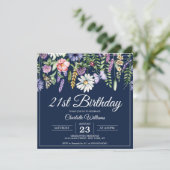 21e verjaardag Wildbloemen Navy Blue Vrouw Elegant Kaart (Staand voorkant)