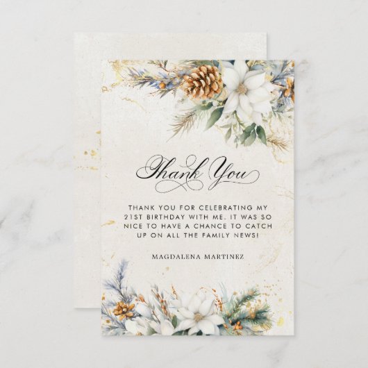 21e Verjaardag Winter White Floral Greenery Bedankkaart (Voorkant / Achterkant)