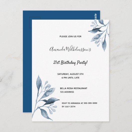 21e verjaardag witte blauwe botanische uitnodiging (Voorkant / Achterkant)