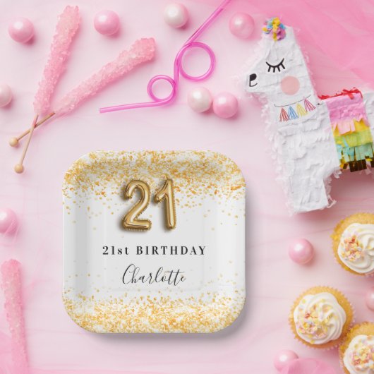 21e verjaardag witte goudglitter naam papieren bordje (Feest)