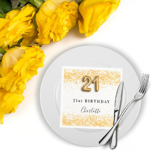 21e verjaardag witte goudglitter naam servet