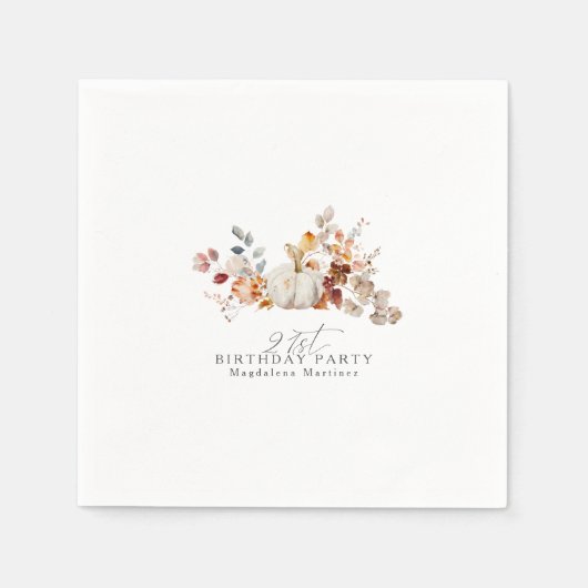 21e Verjaardag Witte Pompoen Herfst Bloemen Aangep Servet (Voorkant)