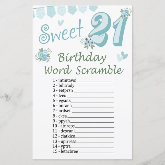 21e verjaardag Word Scramble Game (Voorkant)