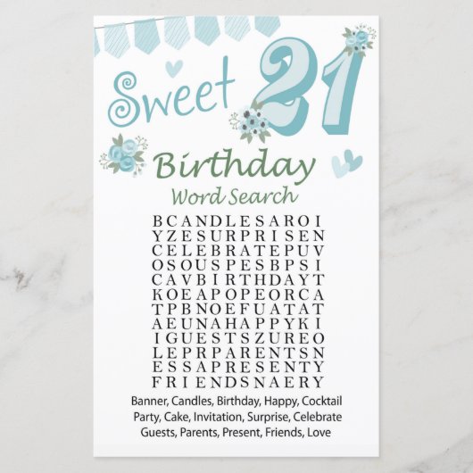 21e verjaardag Word Search Game (Voorkant)