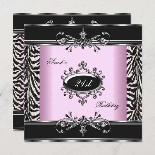 21e verjaardag Zebra Black White Pink Silver Kaart (Voorkant / Achterkant)