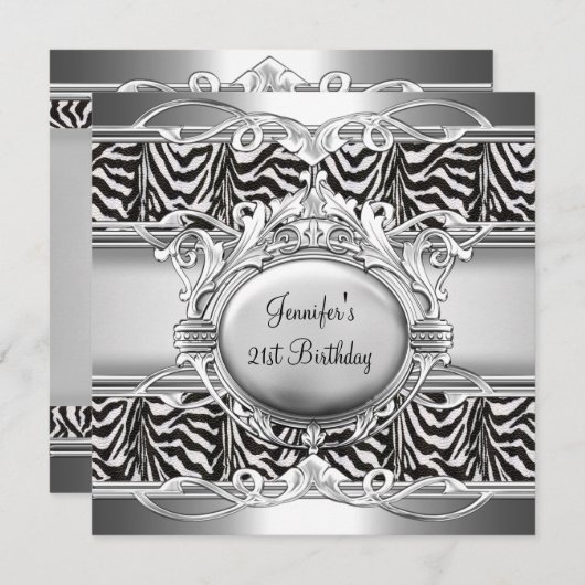 21e verjaardag Zebra Black White Silver Plaque Kaart (Voorkant / Achterkant)