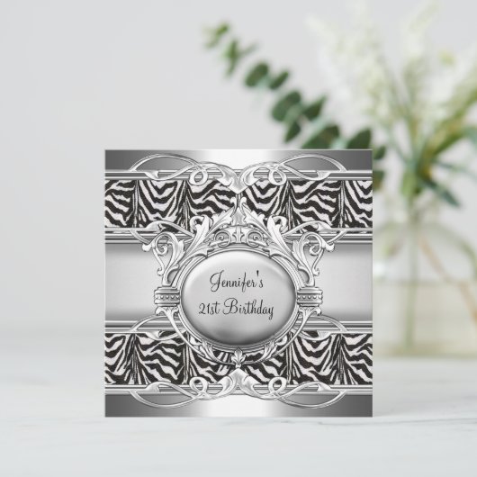 21e verjaardag Zebra Black White Silver Plaque Kaart (Staand voorkant)