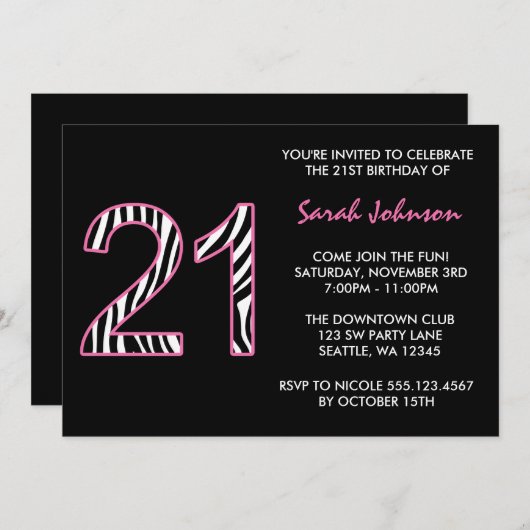 21e verjaardag zebra Roze en Zwart Kaart (Voorkant / Achterkant)
