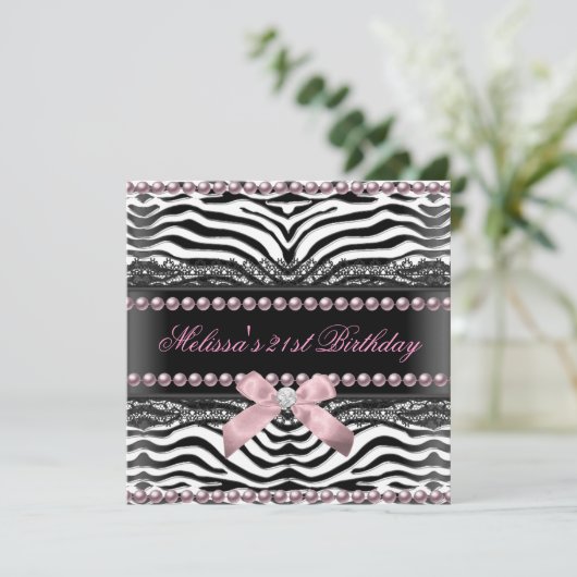 21e verjaardag Zebra roze witte zwarte lak parel Kaart (Staand voorkant)
