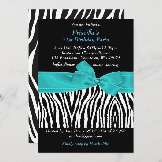 21e verjaardag, Zebra, zwart turquoise wit Kaart (Voorkant / Achterkant)