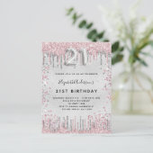 21e verjaardag zilver roze metaal glanspoeder uitnodiging briefkaart (Staand voorkant)