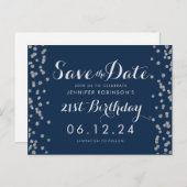 21e verjaardag Zilver Save The Date Confetti Navy Briefkaart (Voorkant / Achterkant)