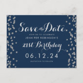 21e verjaardag Zilver Save The Date Confetti Navy Briefkaart (Voorkant)
