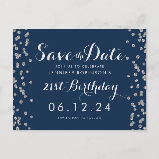 21e verjaardag Zilver Save The Date Confetti Navy Briefkaart (Voorkant)