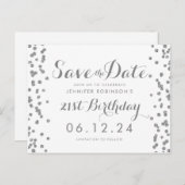 21e Verjaardag Zilver Save The Date Confetti Wit Briefkaart (Voorkant / Achterkant)