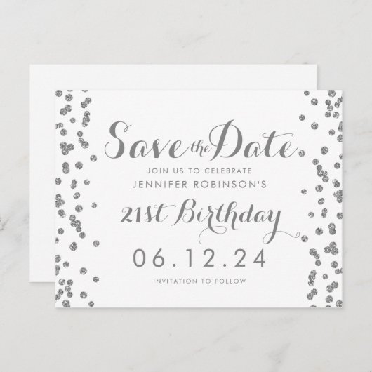 21e Verjaardag Zilver Save The Date Confetti Wit Briefkaart (Voorkant / Achterkant)