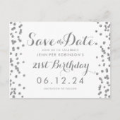 21e Verjaardag Zilver Save The Date Confetti Wit Briefkaart (Voorkant)