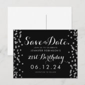 21e Verjaardag Zilver Save The Date Confetti Zwart Briefkaart (Voorkant / Achterkant)