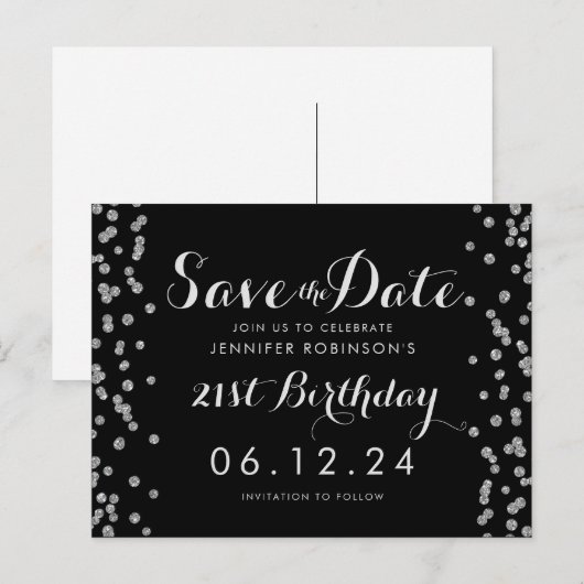 21e Verjaardag Zilver Save The Date Confetti Zwart Briefkaart (Voorkant / Achterkant)