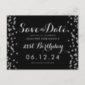 21e Verjaardag Zilver Save The Date Confetti Zwart Briefkaart (Voorkant)