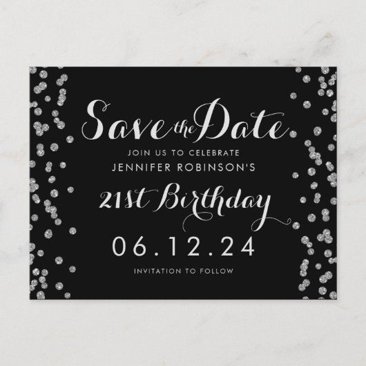 21e Verjaardag Zilver Save The Date Confetti Zwart Briefkaart (Voorkant)