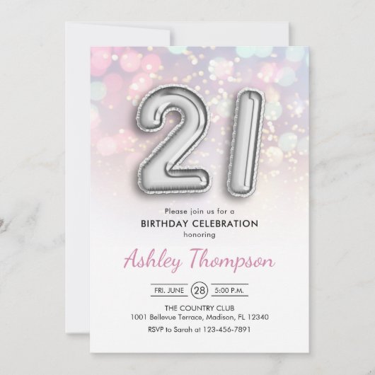 21e verjaardag - Zilveren ballonnen Roze Lichten Kaart (Voorkant)