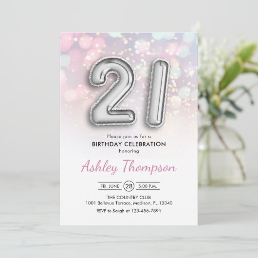 21e verjaardag - Zilveren ballonnen Roze Lichten Kaart (Staand voorkant)