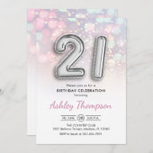 21e verjaardag - Zilveren ballonnen Roze Lichten Kaart (Voorkant / Achterkant)