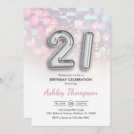 21e verjaardag - Zilveren ballonnen Roze Lichten Kaart (Voorkant / Achterkant)