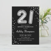 21e verjaardag - Zilveren Ballonnen Zwart Kaart (Staand voorkant)