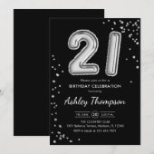 21e verjaardag - Zilveren Ballonnen Zwart Kaart (Voorkant / Achterkant)