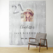 21e verjaardag zilveren foto glitters welkom wandkleed (In situ)