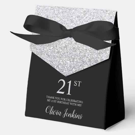 21e Verjaardag Zilveren Glitter Dank Je Bedankdoosjes (Voorkant)